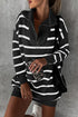 Striped O-Ring Zip Front Collared Drop Shoulder Long Sleeve Sweater Dress